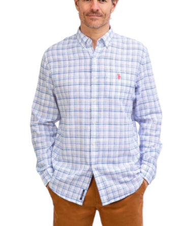 Camisa Polo Manga Larga Blanca Rayas Azules Logo Rojo