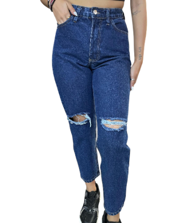 Pantalón Mom Azul Oscuro Roto Rodilla