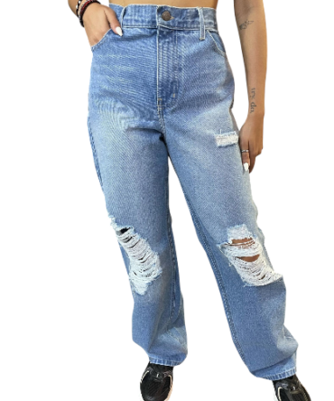 Pantalón Bota Ancha Azul Medio Rígido Roto